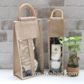 Promosi Kitar Semula Tahan Lama Kitar Semula Botol Single Jute Lihat-Melalui PVC Window Window Burlap Wine Bags With Bamboo Handle